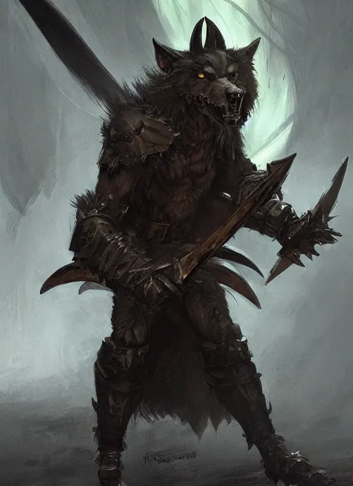 Image similar to A humanoid scary wolf in heavy armor, brown and black fur, holding a green Scythe. Evil look. In style of Hyung-tae Kim, Greg Rutkowski and Larry Elmore, concept art, trending on ArtStation, Korean MMORPG, over-detailed art, 8K, epic, dynamic lightning, scenery.