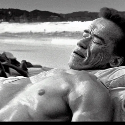 Image similar to arnold schwarzenegger falling asleep in a bungalow on the beach, cinematic shot