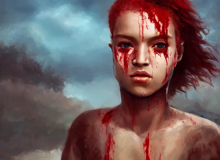 Image similar to landscape, portrait painting beautiful realism, an african girl red hair in wood armor who was sprawled out was about to rise, his face covered in blood. cinematic scene, good lighting, fine art, trending on artstation, smooth draw, sharp focus.