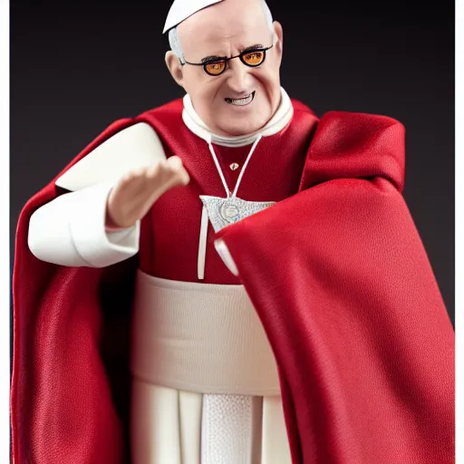 Image similar to an action figure of the pope, vinyl toy by pay jay figure, studio product photography, studio light, sigma 1 0 5 mm f 2. 8