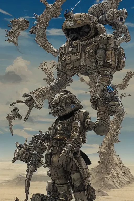 Image similar to anthropomorphic rodent with white and black ancestral ornate japanese tactical gear on an abandonment desert planet, high intricate details, long shot, rule of thirds, golden ratio, graphic novel by fiona staples and dustin nguyen, by beaststars and orange, peter elson, alan bean, studio ghibli, makoto shinkai