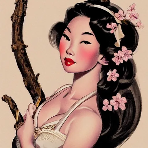 Image similar to pin - up portrait of a beautiful young mulan, pretty long hair, cherry blossoms, intense flirting, showing curves, symmetrical face, digital art, smooth, extremely detailed, model pose, by wu bayard, by gil elvgren, by ralph horsley, by hanks steve