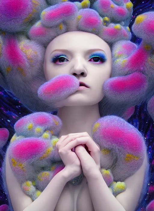 Image similar to hyper detailed 3d render like a Oil painting - kawaii portrait Aurora (white haired Singer Ferret) seen Eating of the Strangling network of yellowcake aerochrome and milky Fruit and Her delicate Hands hold of gossamer polyp blossoms bring iridescent fungal flowers whose spores black the foolish stars by Jacek Yerka, Mariusz Lewandowski, Houdini algorithmic generative render, Abstract brush strokes, Masterpiece, Edward Hopper and James Gilleard, Zdzislaw Beksinski, Mark Ryden, Wolfgang Lettl, hints of Yayoi Kasuma, octane render, 8k