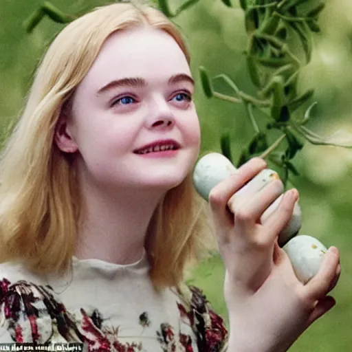 Image similar to Elle Fanning’s face emerges from a barrel filled with olives in oil