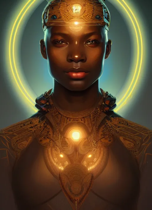 Image similar to symmetry!! portrait of african tribal warrior, tech wear, glowing lights!! intricate, elegant, highly detailed, digital painting, artstation, concept art, smooth, sharp focus, illustration, art by artgerm and greg rutkowski and alphonse mucha