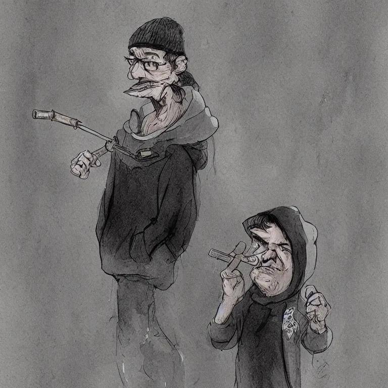 Image similar to gangster in a hoodie smoking a join, in the style of tony sandoval