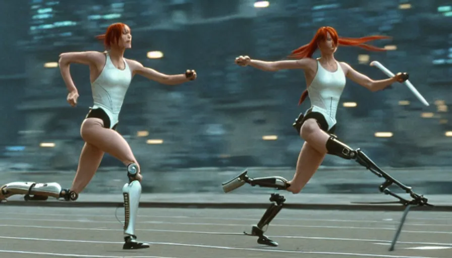 Image similar to The matrix, LeeLoo, Starship Troopers, Katniss Everdeen, 1960's Olympics footage, hurdlers in a race with robotic legs, intense moment, cinematic stillframe, backlit, The fifth element, vintage robotics, formula 1, starring Geena Davis, clean lighting