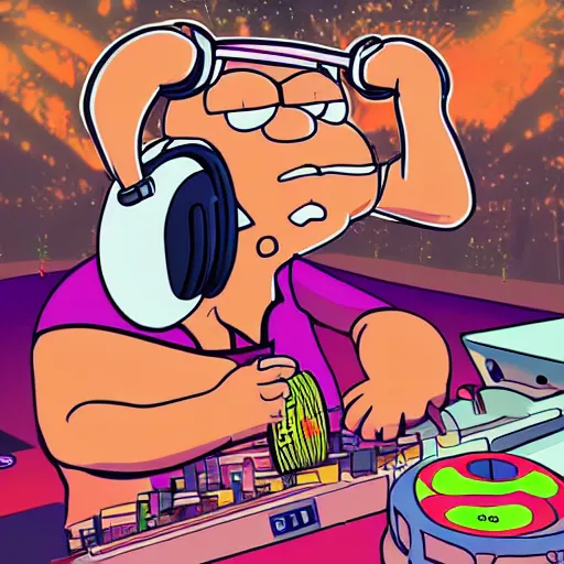 Image similar to svg sticker of a Family-Guy Peter-Griffin at a rave, spinning records, giant headphones rocking out, wearing headphones, huge speakers, dancing, rave, DJ, spinning records, digital art, amazing composition, rule-of-thirds, award-winning, trending on artstation, featured on deviantart