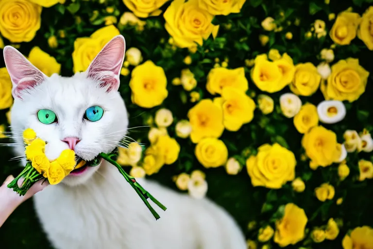 Prompt: pov shot photography of yellow - patterned white cat, held flowers bouquet in her mouth, under my feet, person wearing jeans and sneakers, large happy eyes, symmetry, face symmetry, octane render, photorealistic, 8 k