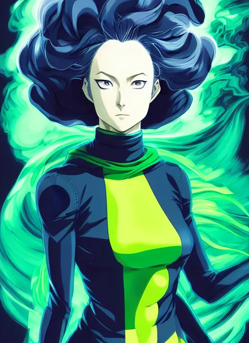 Image similar to style artgerm, joshua middleton, tatsumaki one punch man with green dress, very long blue hair, swirling water swirling, symmetrical face, symmetrical eyes, steampunk cyberpunk,, cinematic lighting