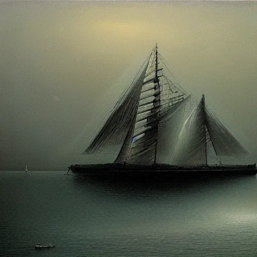 Image similar to an ice ship by Zdzisław Beksiński, oil on canvas