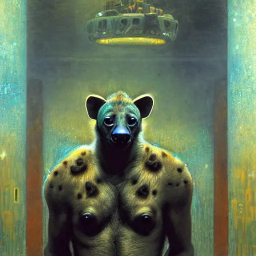 Image similar to portrait of a male hyena in a public bath. shadowrun furaffiniy cyberpunk fantasy highly detailed painting by gaston bussiere craig mullins jc leyendecker gustav klimt artgerm greg rutkowski john berkey, bergey, craig mullins, ruan jia, raymond swanland, jeremy mann, tom lovell, alex malveda