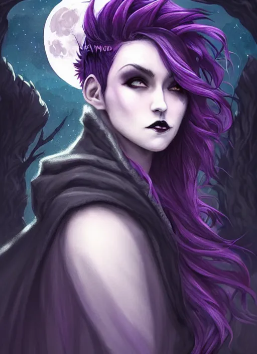 Image similar to moon in the background, side portrait dark witch!!!!!!!!!!, adventurer outfit large cloak, fantasy forest landscape, dragon scales, fantasy magic, undercut hairstyle, short purple black fade hair, dark light night, intricate, elegant, sharp focus, illustration, highly detailed, digital painting, concept art, matte, art by WLOP and Artgerm and Greg Rutkowski and Alphonse Mucha, masterpiece