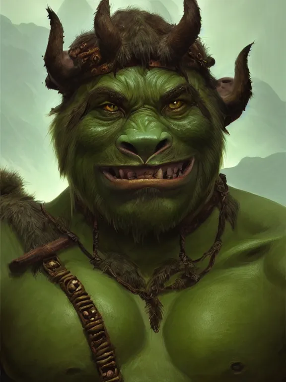 Image similar to portrait of a green mountain orc, looking at camera, d & d, savage warrior, fur attire, aztec hair, large noses, intricate, fantasy, extremely detailed, digital painting, artstation, concept art, smooth, sharp focus, illustration, ambient lighting, art by artgerm and greg rutkowski and alphonse mucha and simon stalenhag
