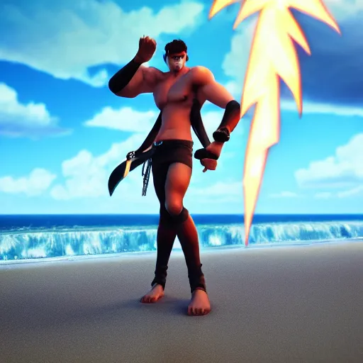 Image similar to HOT Anime man on the beach, cinematic lightning, medium shot, mid-shot, highly detailed, trending on artstation, Unreal Engine 4k,