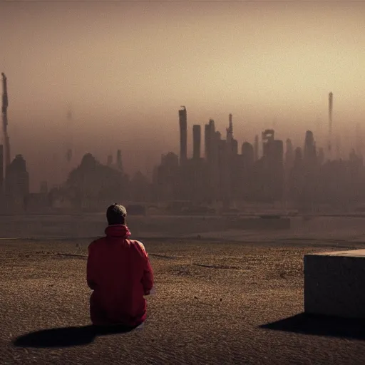 Image similar to a beautiful award-winning photo of the last man on Earth wearing a hazmat suit, sitting and depressed, serene post-nuclear background, a huge nuclear cloud, a mirage of a skyline of a destroyed city, numerous fires, volumetric lighting, haze, very high quality, extremely detailed, subtle visual noise, unreal engine 5, 8K