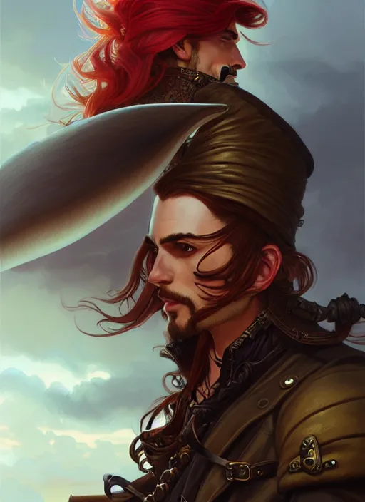 Image similar to male airship pirate, D&D, handsome, side profile, fantasy, intricate, long hair, leather coat, airship, steampunk, red hair, elegant, highly detailed, digital painting, artstation, concept art, smooth, sharp focus, illustration, art by artgerm and greg rutkowski and alphonse mucha