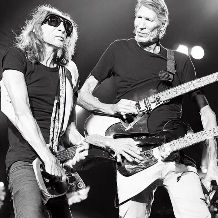 Prompt: tom morello and roger waters holding hands at a daft punk concert