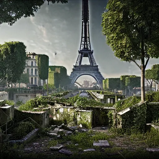 Image similar to overgrown paris in ruins, highly detailed, 4k, HDR, award-winning, artstation, octane render