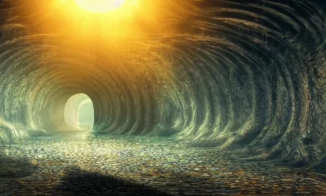 Prompt: beautiful picture of a magical vertical cylindrical tunnel made of big upside-down raindrops joining a dried up river with the sun, highly-detailed, fantastic, dramatic lighting, artstation, 4k