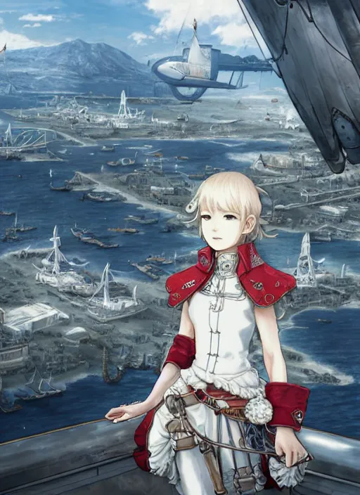 Image similar to character portrait of the white herald on the deck of an imperial airship in the sky, hidari, color page, tankoban, 4K, tone mapping, Akihiko Yoshida.