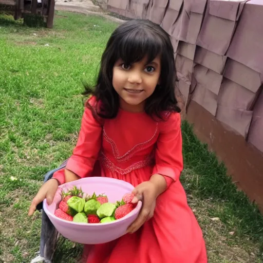 Prompt: shai khulud in dress eats strawberries with other kids