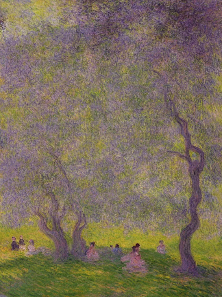 Prompt: gauzy impressionist painting of my backyard with an old apple tree with people! dancing at evening, purplish cast, color oil painting by claude monet and piet mondrian, cosmic trending on artstation 8 k