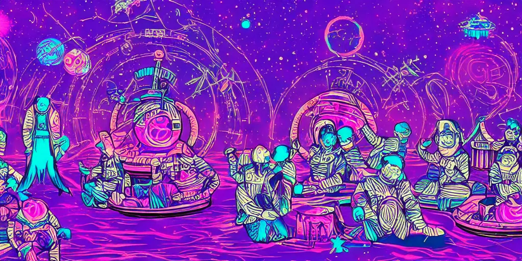 Image similar to twelve astronauts sitting by the river with a big holiday cake + psychedelic vegetation + purple, pink, blue + planets and stars + mystical fog, vintage sci - fi style of the 5 0 s, rule of the third!!!!, line graphics, 8 k, super detail, high quality