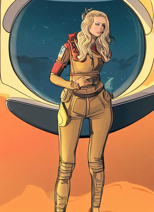 Image similar to young Plejaden woman with wavy blonde hair in a retro spaceship with large windows lands on mars, detailed digital art, trending on Artstation