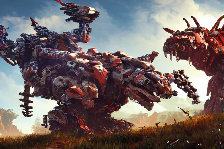 Image similar to ravager machine mecha animal beast robot of horizon forbidden west horizon zero dawn bioluminiscence global illumination ray tracing hdr fanart arstation by sung choi and eric pfeiffer and gabriel garza and casper konefal