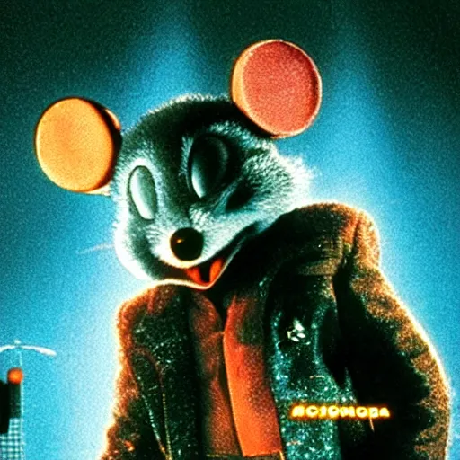 Prompt: Still of Chuck E. Cheese mouse masot, in the movie Blade Runner, cinematic lighting, 4k