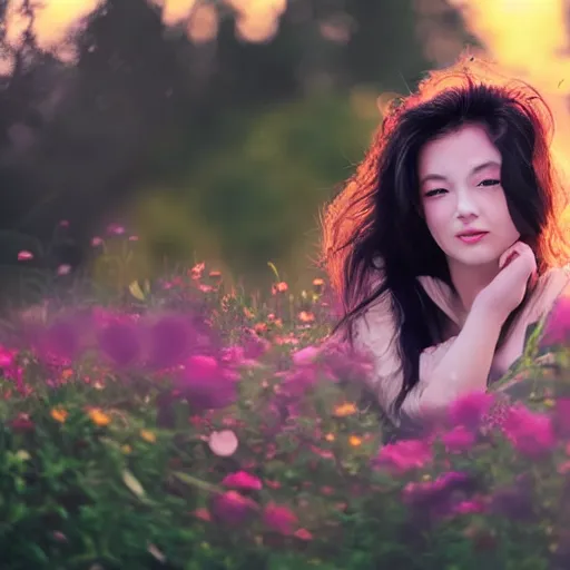 Prompt: buxom brunette beauty, dreamy, hazy, in an arboretum, dressed in flowers, smiling at the camera, sunset, macro, directed by a japanese studio