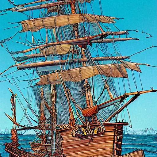 Prompt: brigantine pirate ship + large fruit tree on the deck + an observation tower + huge masts, detailed, smooth, sharp focus, high contrast, colourful, dramatic lighting, graphic novel, art by ralph bakshi, dave sim, frank quitely, moebius, jeff smith,