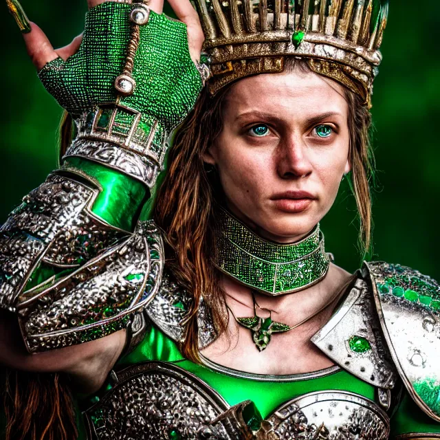 Image similar to photo of a beautiful warrior queen wearing emerald encrusted armour, highly detailed, 8 k, hdr, smooth, sharp focus, high resolution, award - winning photo