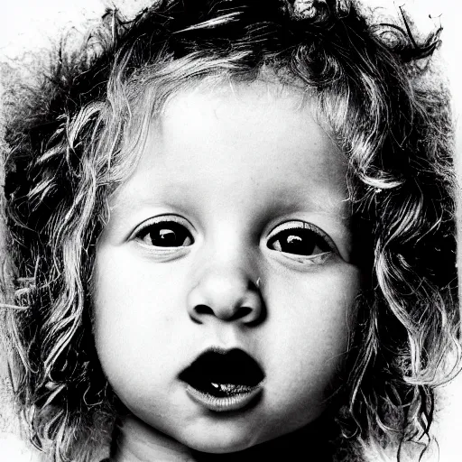 Image similar to symmetrical human portrait of baby maggie simpson with blonde curly hair, grainy high contrast black and white photography photo print ilford warm tone