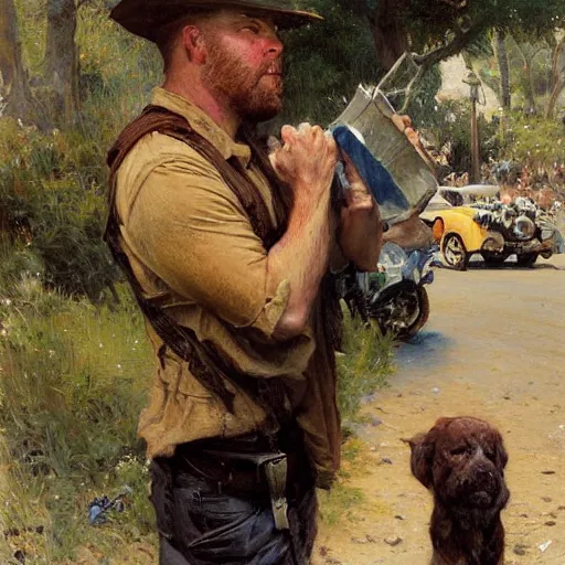 Image similar to alex jones begging for money on the side of the road, highly detailed painting by gaston bussiere craig mullins j. c. leyendecker,