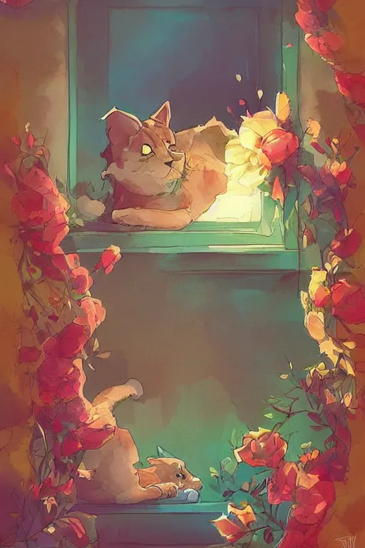 Image similar to a digital art of a cat sleeping in the room with flowers around in the afternoon, the sun shines in, storybook art, watercolor, detailed, cute, by anton fadeev, featured on artstation