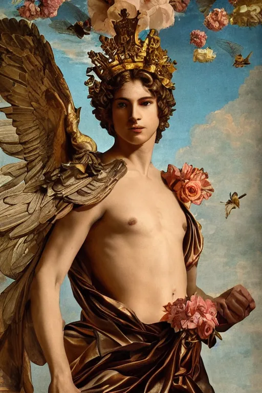 Image similar to a young handsome Spanish prince in a full-body bronze baroque and cyberpunk style statue of Icarus posed like a bird, crown of peach roses, flowing teal-colored silk, fabric, flowers. baroque elements, human skull. full-length view. baroque element. intricate artwork by caravaggio. many many birds birds on background. Trending on artstation, octane render, cinematic lighting from the right, hyper realism, octane render, 8k, depth of field, 3D