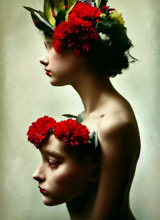 Image similar to stunning young girl With flowers in her hair, fine art portrait photography by Sarah Moon