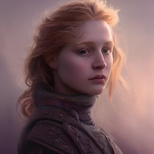 Image similar to epic portrait, an female viking medic, glossy lips, pretty, long ginger hair, puppy eyes, digital painting, artstation, concept art, soft light, hdri, smooth, sharp focus, illustration, fantasy, intricate, elegant, highly detailed, D&D, matte painting, in the style of Greg Rutkowski and Alphonse Mucha and artemisia, 8k,