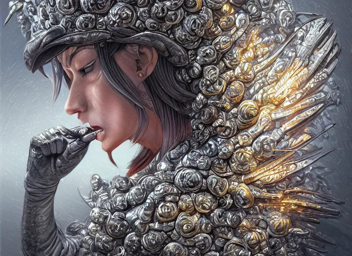 Image similar to highly detailed realistic hammered nails in a stupid head, pain, light effect, hyper detailed, intricate, elegant, highly detailed, digital painting, artstation, concept art, matte, sharp focus, illustration, by dan mumford, yusuke murata, makoto shinkai, ross tran