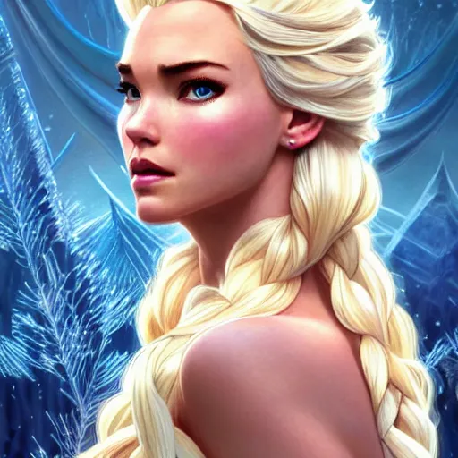 Image similar to Odette Annable with blonde hair as Elsa from Frozen, western, D&D, fantasy, intricate, elegant, highly detailed, digital painting, artstation, concept art, matte, sharp focus, illustration, art by Artgerm and Greg Rutkowski and Alphonse Mucha