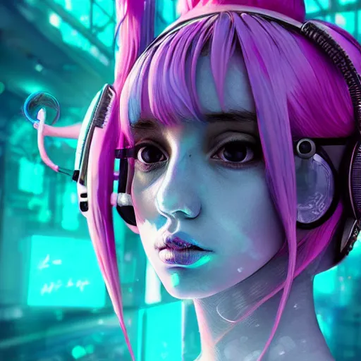 Image similar to a digital painting of a girl with a fish on her head, cyberpunk art by kiyohara tama, cgsociety, funk art, seapunk, anime aesthetic, rendered in maya