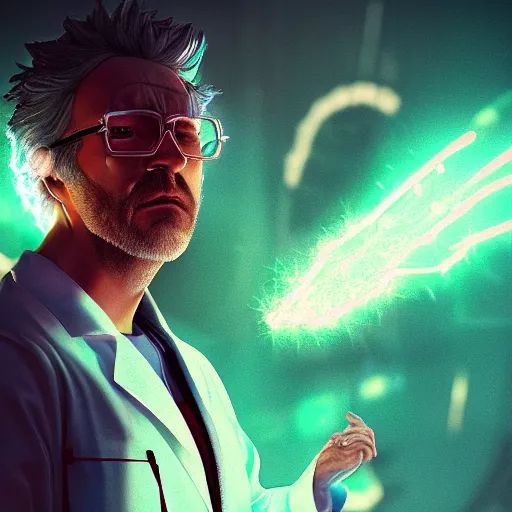 Prompt: portrait of rick sanchez, lab coat and tee shirt, lens flare, atmosphere, glow, detailed, intricate, full of colour, cinematic lighting, trending on artstation, 4 k, hyperrealistic, focused, extreme details, unreal engine 5, cinematic, masterpiece