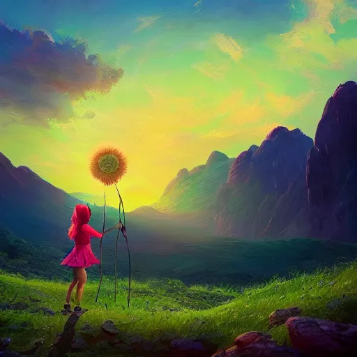 Image similar to giant daisy flower head, girl hiking in the mountains, surreal photography, sunrise, dramatic light, impressionist painting, colorful clouds, digital painting, artstation, simon stalenhag