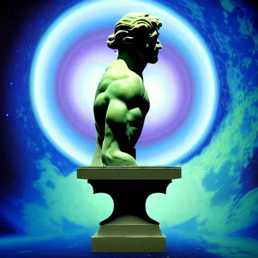 Image similar to 3 d sci - fi cgartist rendering of a hyper realistic marble greek statuary bust floating in space, at the vast pulsating interdimensional fractal space portal at the psychedelic vaporwave ombre event horizon by chris moore, by edward hopper, by col price, trending on artstation