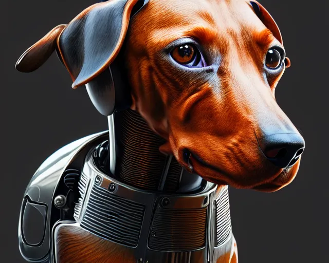 Image similar to dachshund robot, portrait, head, mechanical, machine, octane render, concept art, sharp focus, hyper - realistic, intricate, detailed, eduard pronin, luka mivsek, ruan jia