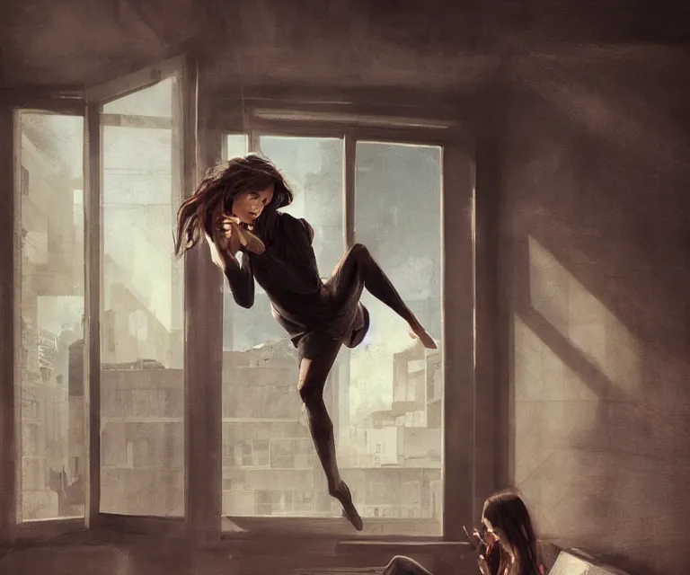 Image similar to window, woman, buildings, surprise, scared, couch by wlop, artgerm, greg rutkowski, expressive, dynamic pose, evocative, highly detailed