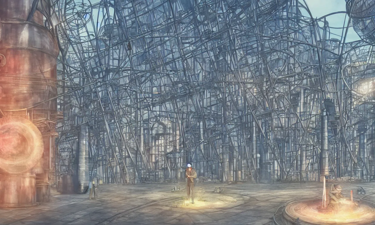 Prompt: gasholder, steel pipes, kerberos realm, service ticket close up, wizard reading a directory, nordic pastel colors, extensive roadworks 3 d art, digital illustration, perfect lighting