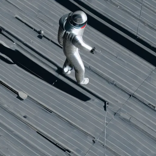 Prompt: man in silver space suit, walking on an industrial catwalk, suspended in the darkness of space, 4 k photograph, isometric view